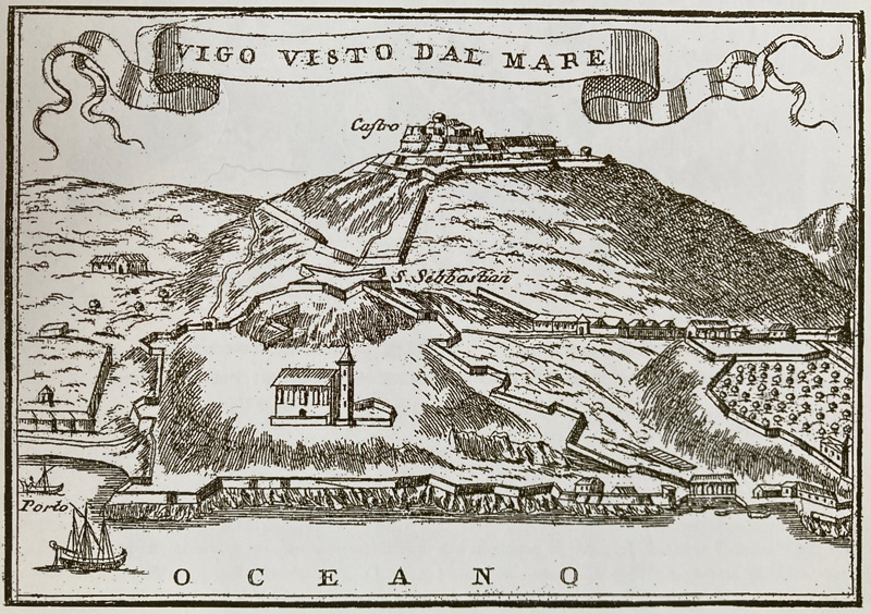 Gravado de Vigo de Vicenzo Coronelli (1650-1718), destacado xeógrafo, cartógrafo e editor. Inicios do século XVIII.