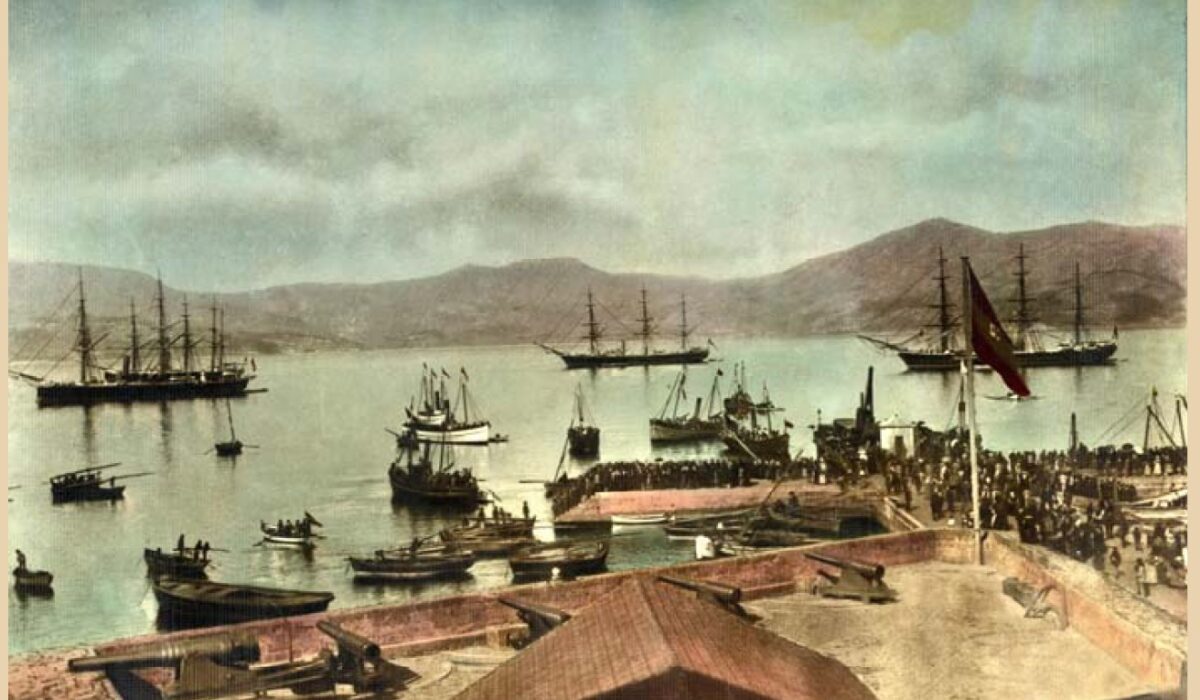 Batería de la Laxe en 1880. Fotografía Pacheco. Coloreada