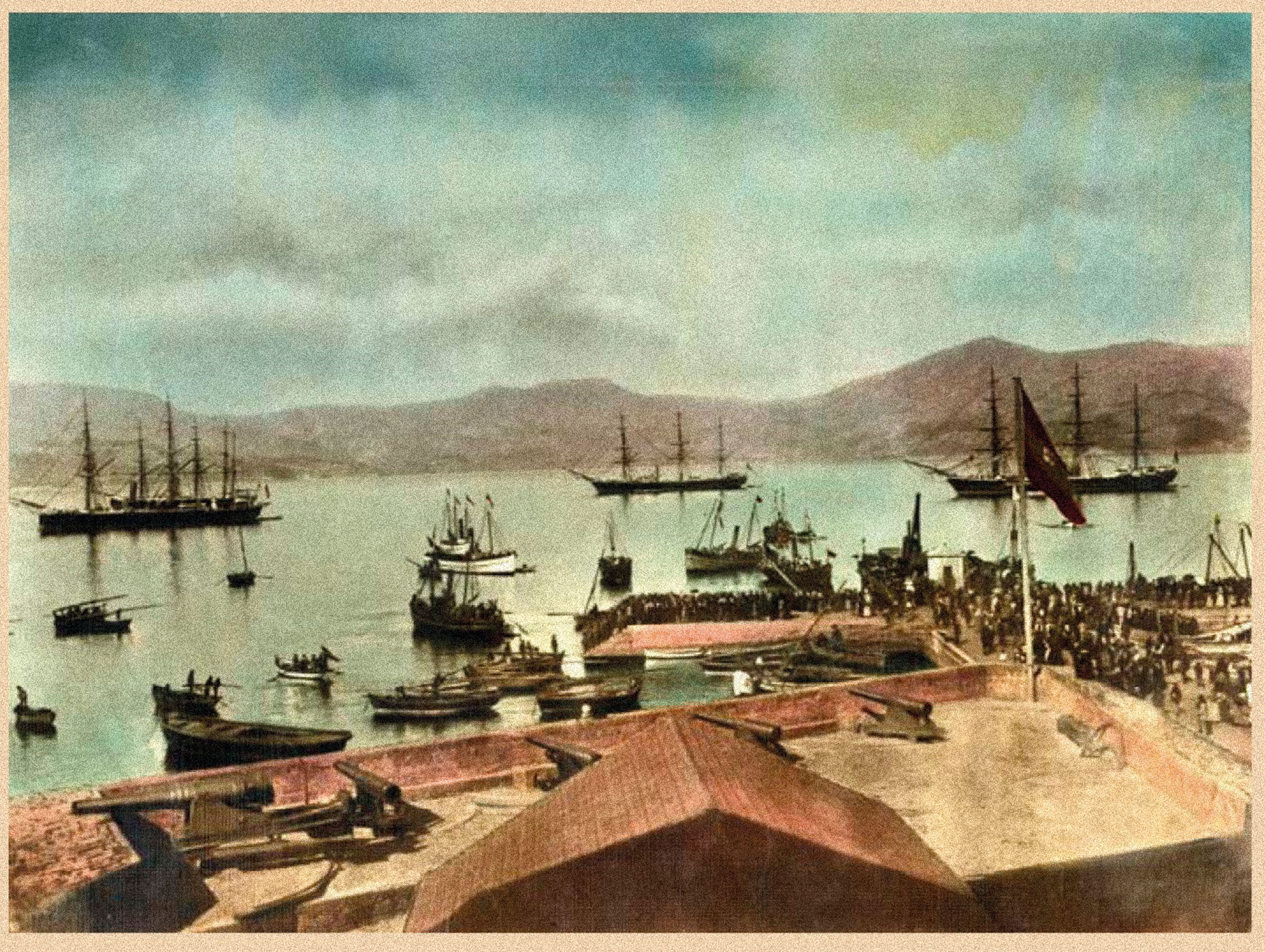 Antiga batería de A Laxe en 1883 onde podemos observar como se montaban as pezas de artillería para desprazalas e disparar. O mesmo sistema que se utilizou no Baluarte do Regueiro e o Saínte de Coia.